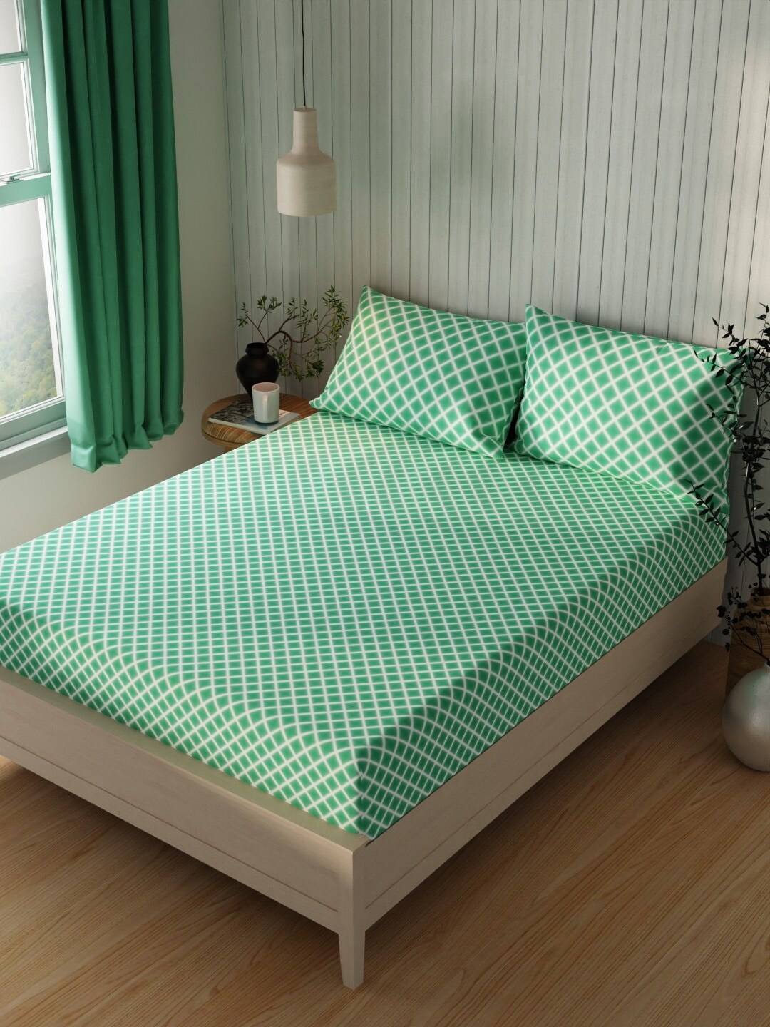 

BIANCA Green & White Geometric Cotton 120 TC Queen Bedsheet with 2 Pillow Covers
