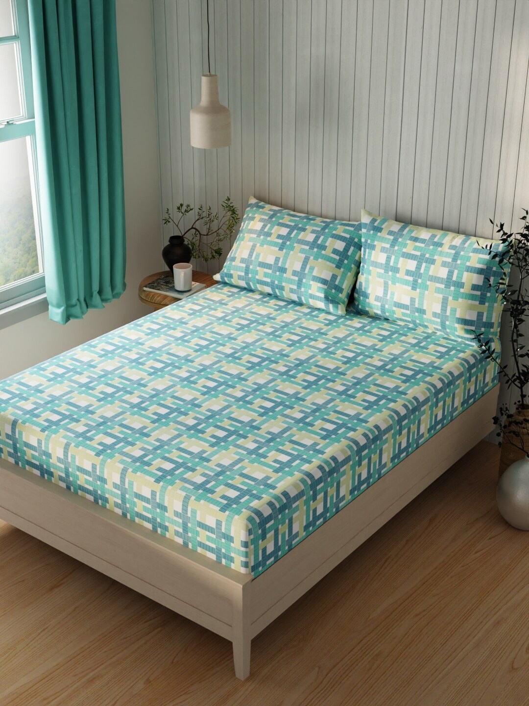 

KOPA Teal Green & White Geometric Cotton 120 TC Queen Bedsheet with 2 Pillow Covers