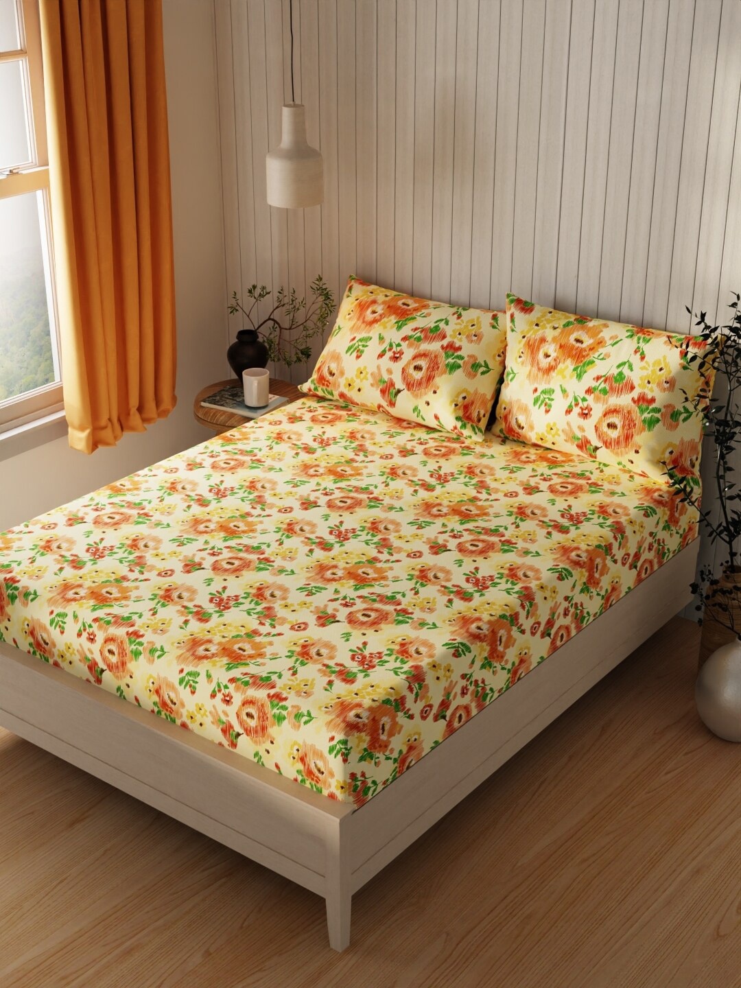 

KOPA Lopez Yellow Floral Cotton 120 TC Queen Bedsheet With 2 Pillow Covers