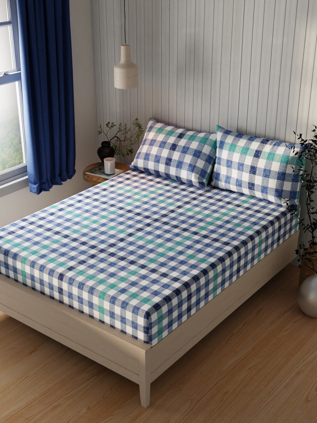 

KOPA Lopez Blue & White Geometric Cotton 120 TC Queen Bedsheet With 2 Pillow Covers