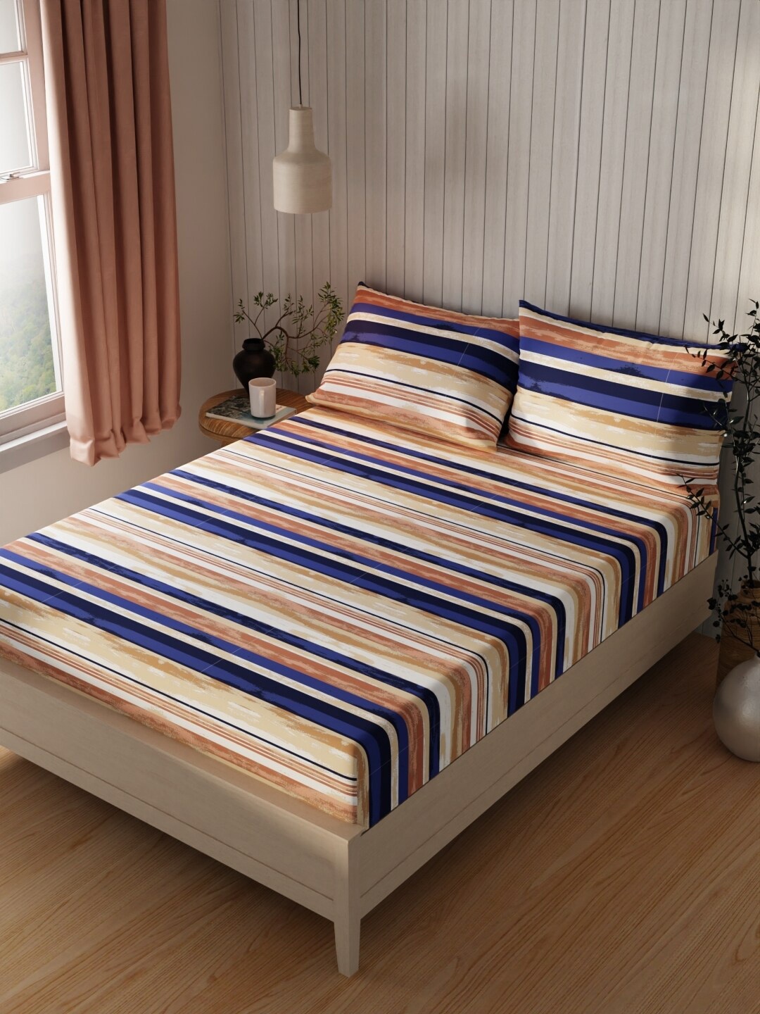 

KOPA Lopez Brown & Blue Striped Cotton 120 TC Queen Bedsheet With 2 Pillow Covers