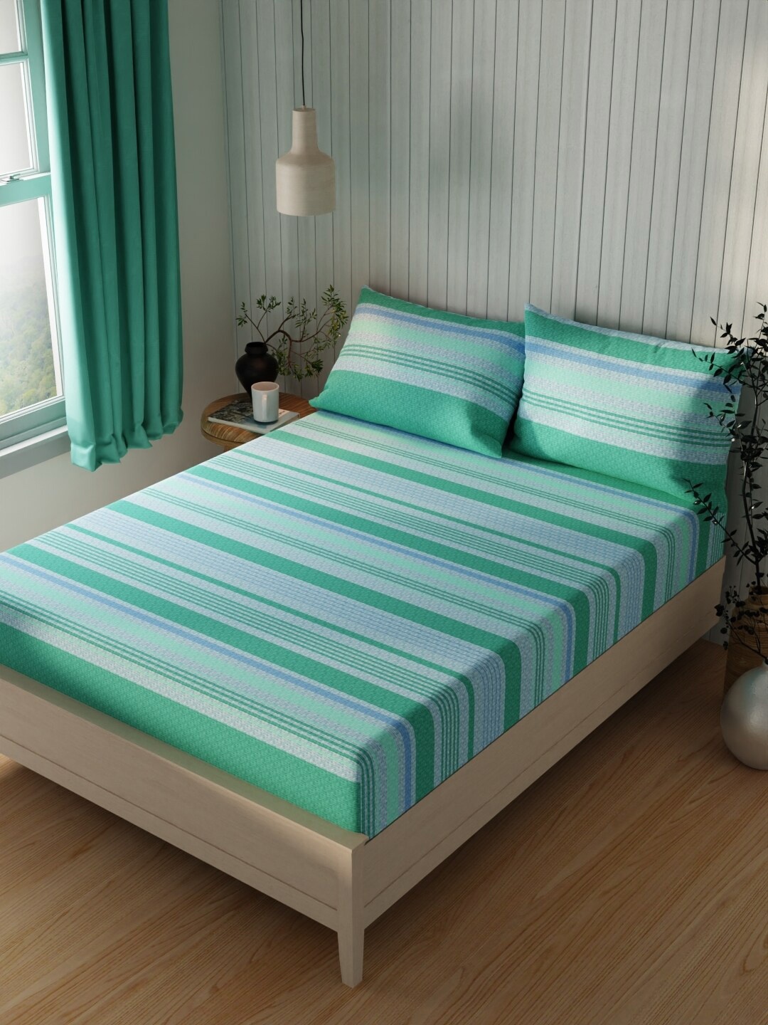 

KOPA Lopez Green & Blue Striped 120 TC Cotton Queen Bedsheet With 2 Pillow Covers