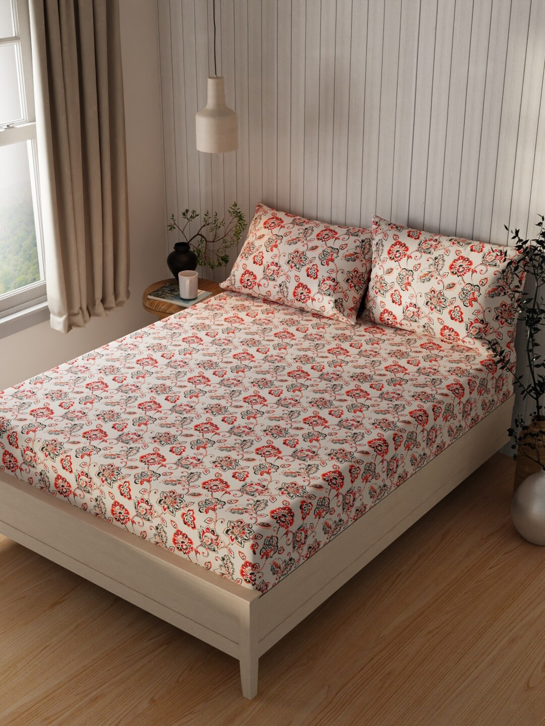 

BIANCA Beige & Red Ethnic Motifs Cotton 120 TC Queen Bedsheet with 2 Pillow Covers