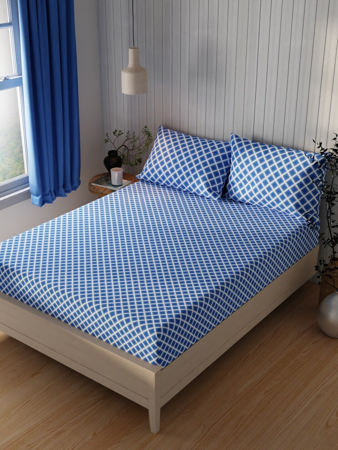 

KOPA Lopez Blue & White Geometric 120 TC Queen Bedsheet with 2 Pillow Covers