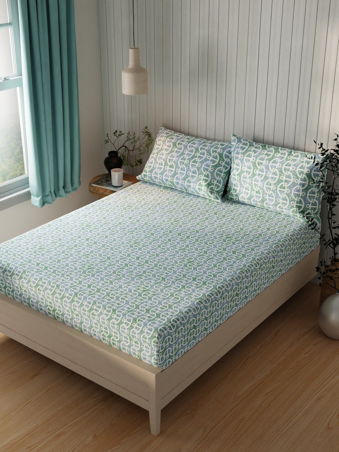 

KOPA Green & White Geometric Cotton 120 TC Queen Bedsheet with 2 Pillow Covers
