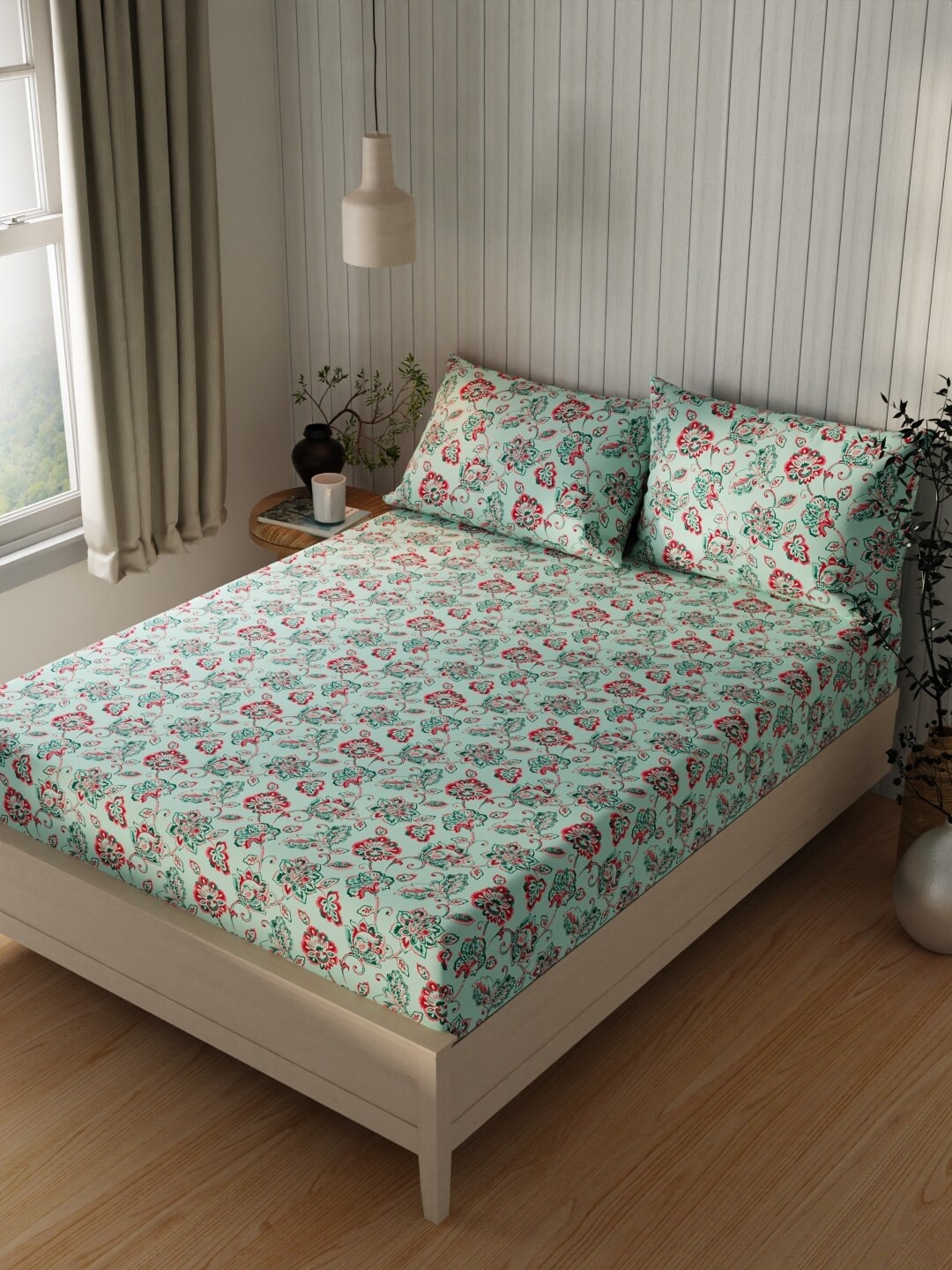 

BIANCA Lopez Green & Coral Floral Cotton 120 TC Queen Bedsheet With 2 Pillow Covers