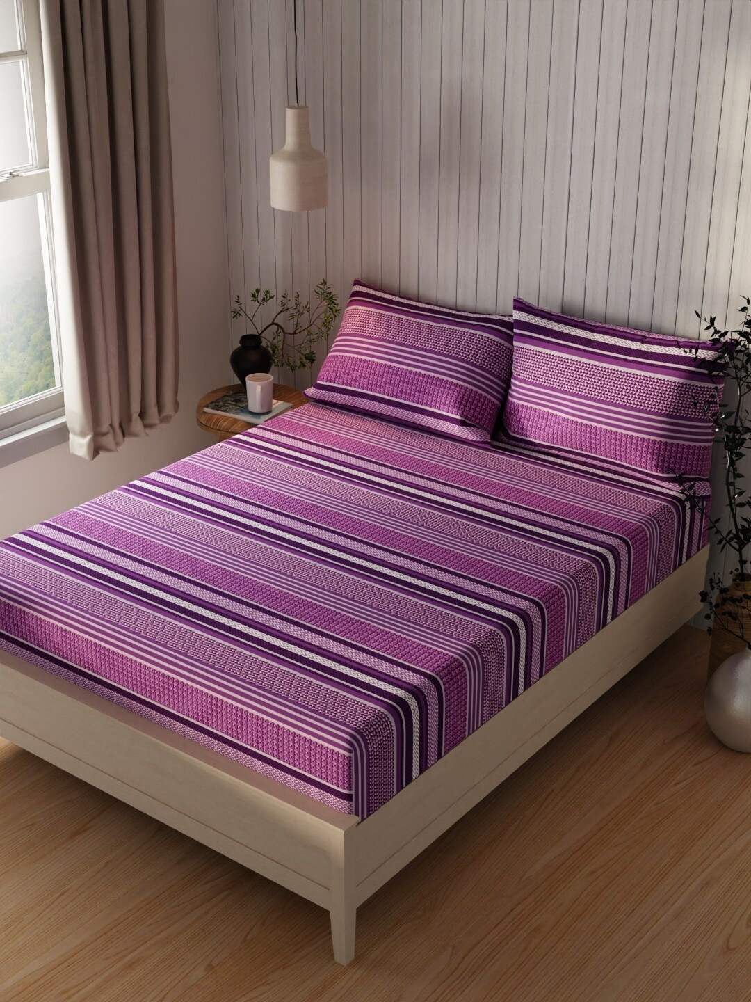 

BIANCA Pink & Purple Striped Cotton 120 TC Queen Bedsheet with 2 Pillow Covers