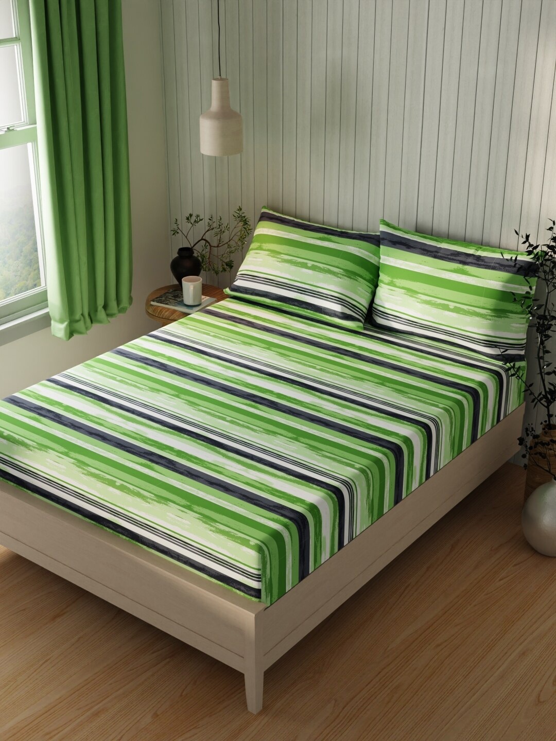 

KOPA Lopez Green & White Striped Cotton 120 TC Queen Bedsheet with 2 Pillow Covers