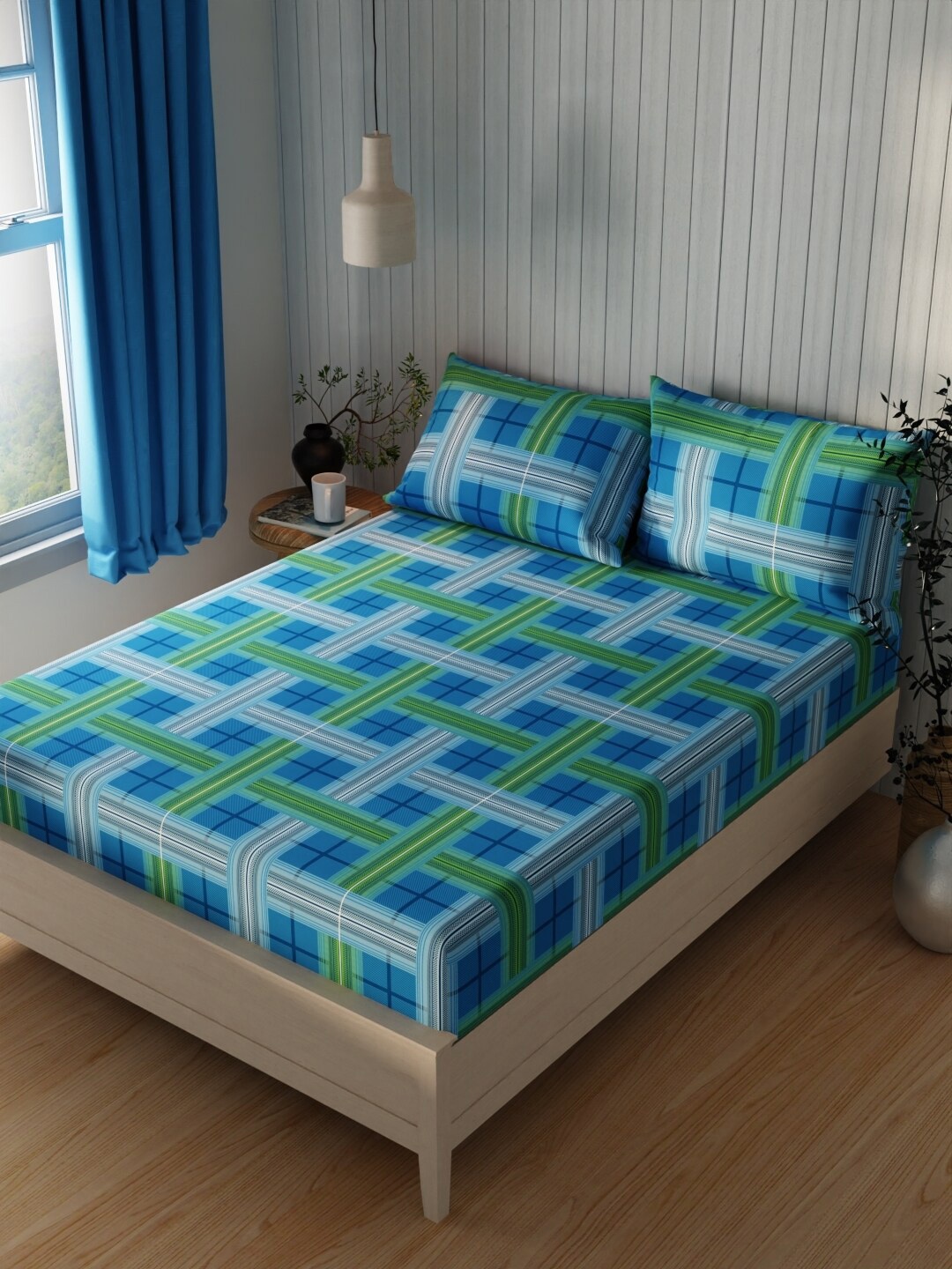 

KOPA Lopez Blue & Green Geometric Cotton 120 TC Queen Bedsheet with 2 Pillow Covers