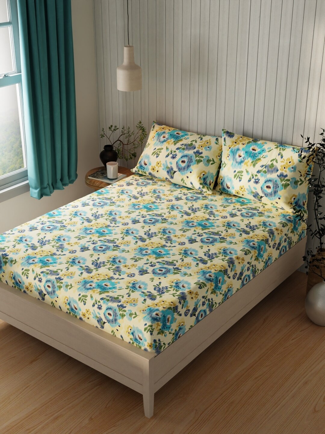 

KOPA Beige & Blue Floral Cotton 120 TC Queen Bedsheet with 2 Pillow Covers