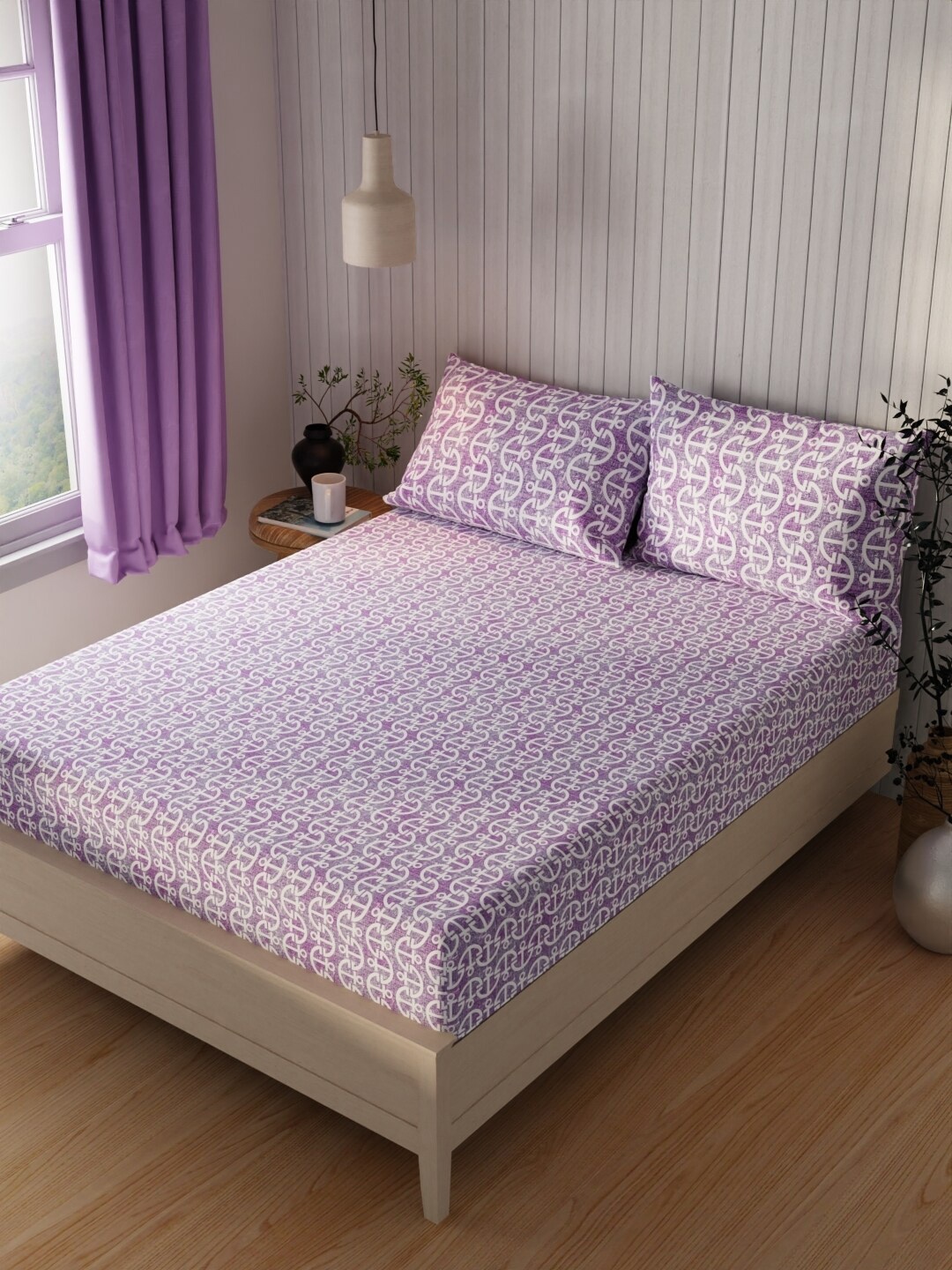 

KOPA Lopez Purple & White Geometric 120 TC Cotton Queen Bedsheet With 2 Pillow Covers