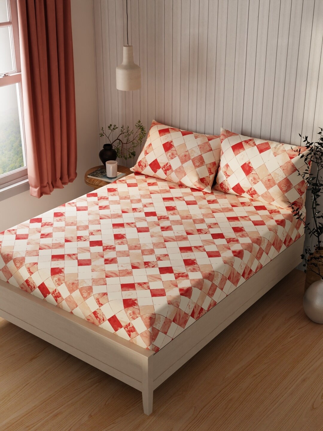 

KOPA Lopez Red & Beige Geometric Cotton 120 TC Queen Bedsheet With 2 Pillow Covers