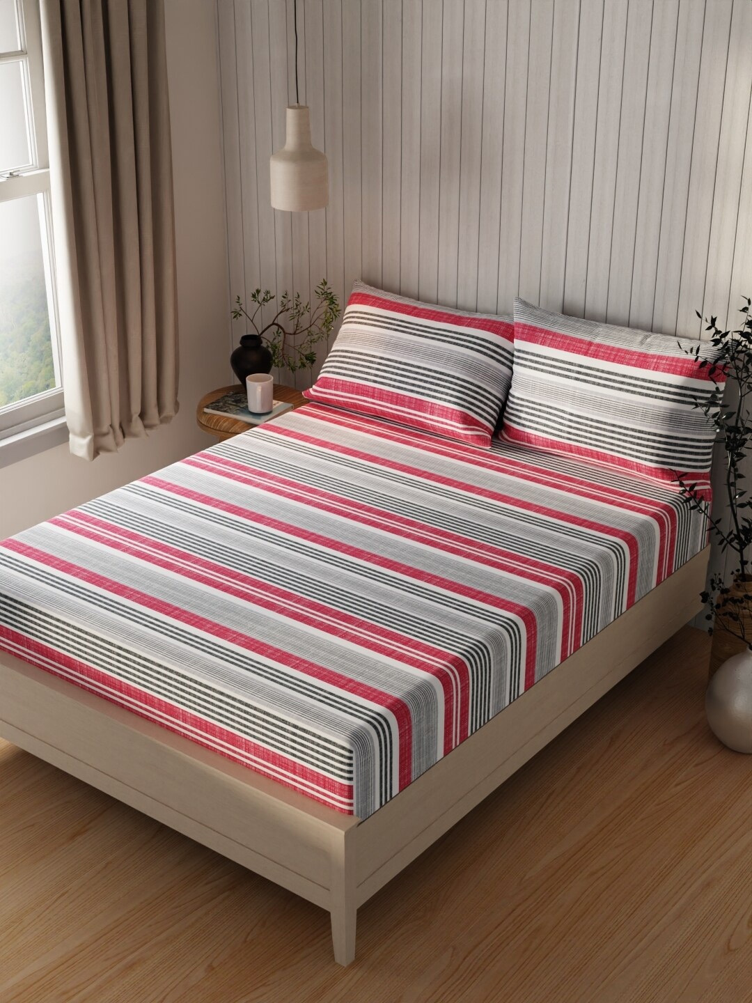 

KOPA Lopez Red & Grey Striped Cotton 120 TC Queen Bedsheet With 2 Pillow Covers