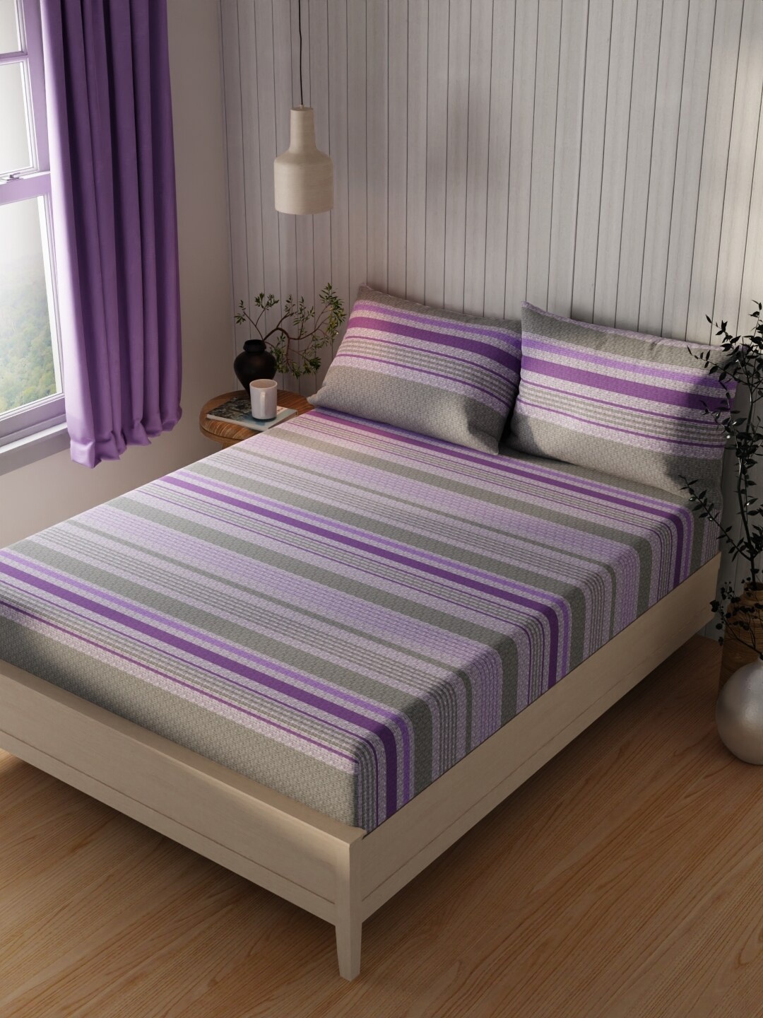 

KOPA Lopez Grey & Purple Striped Cotton 120 TC Queen Bedsheet With 2 Pillow Covers