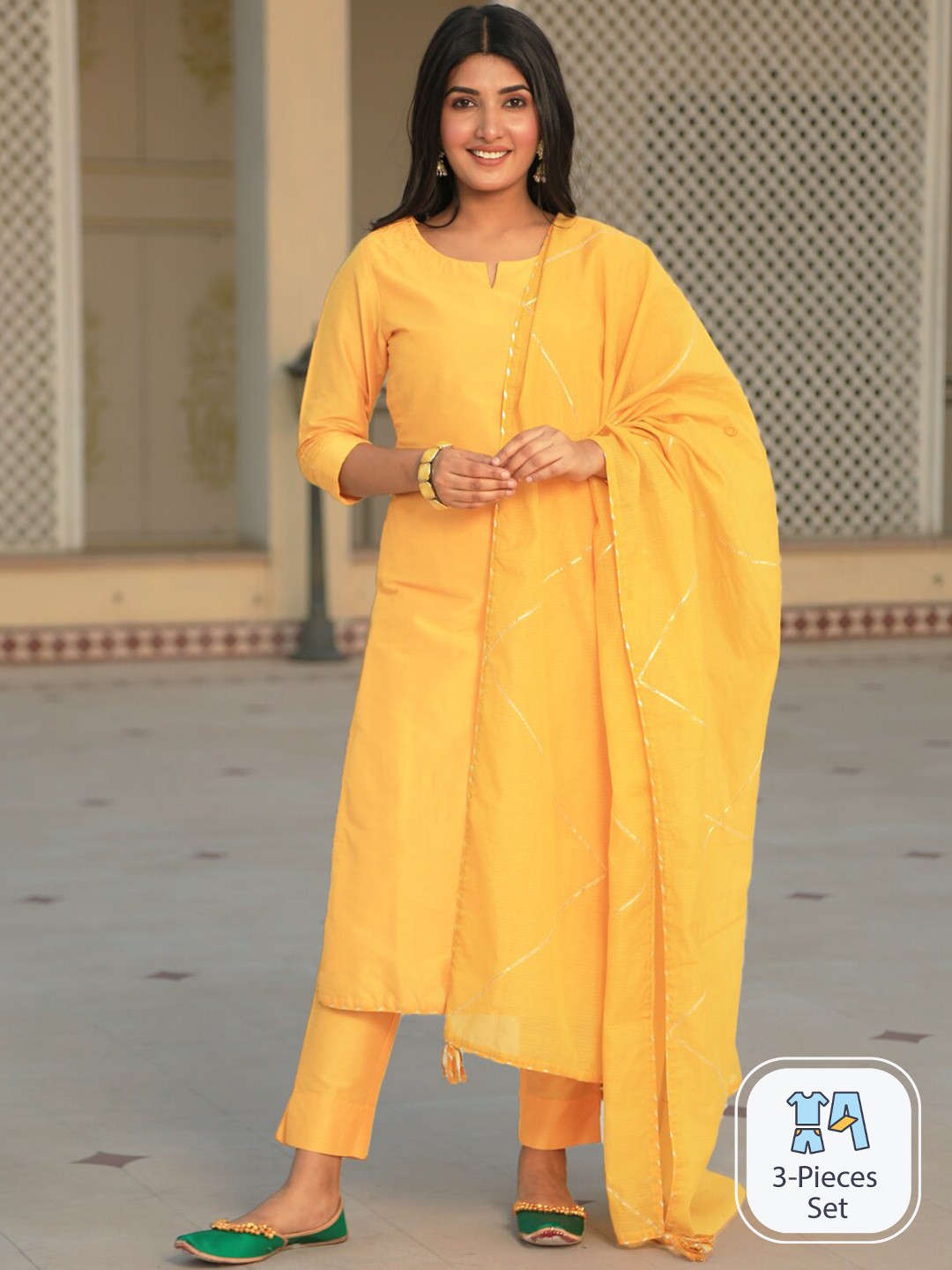 

Indian Virasat Notched Collar Kurta with Trousers & Dupatta, Yellow