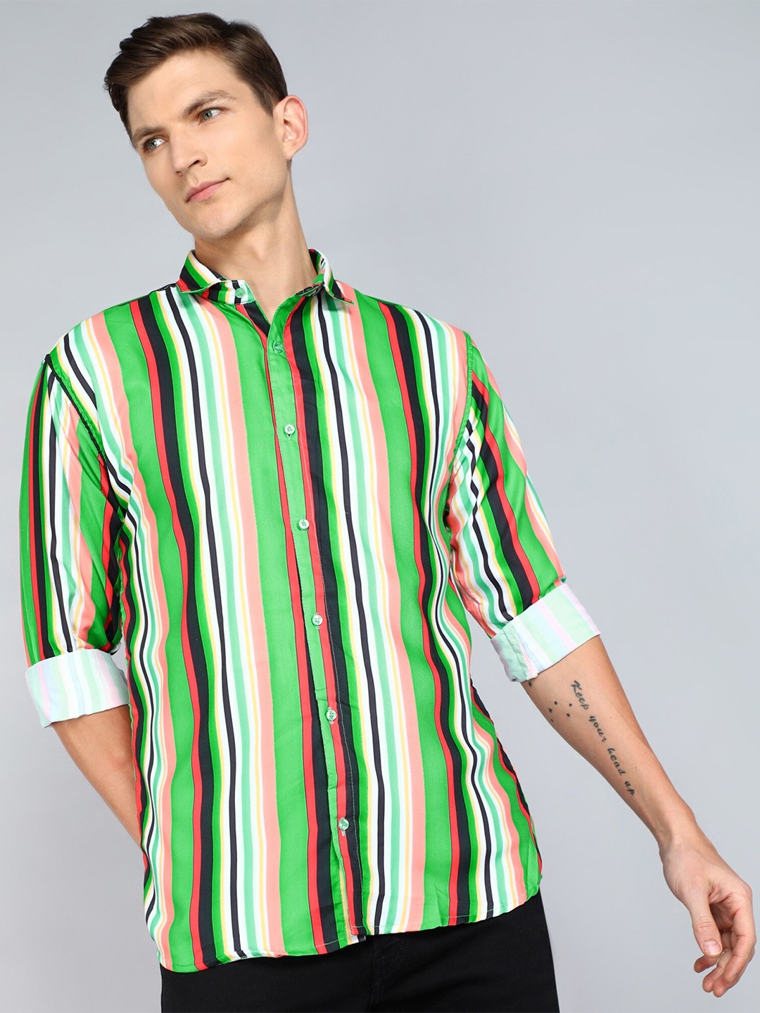 

Indian Fashionista Slim Fit Vertical Striped Casual Shirt, Green