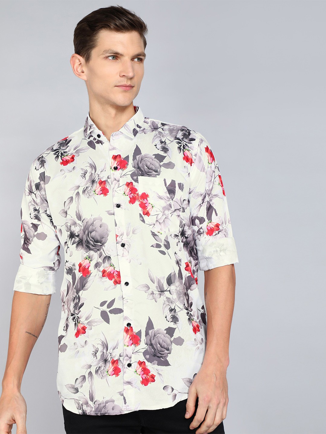 

Indian Fashionista Slim Fit Floral Printed Casual Shirt, White