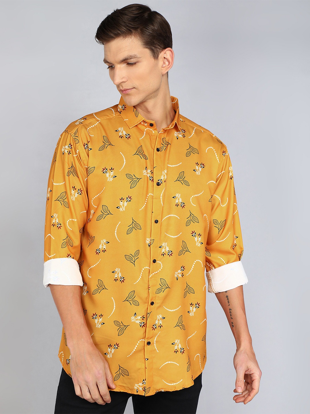 

Indian Fashionista Classic Slim Fit Floral Printed Casual Shirt, Mustard