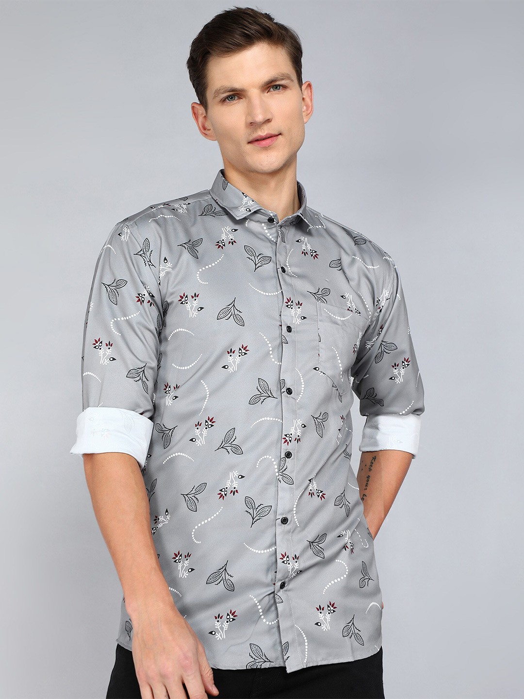 

Indian Fashionista Slim Fit Floral Printed Casual Shirt, Grey