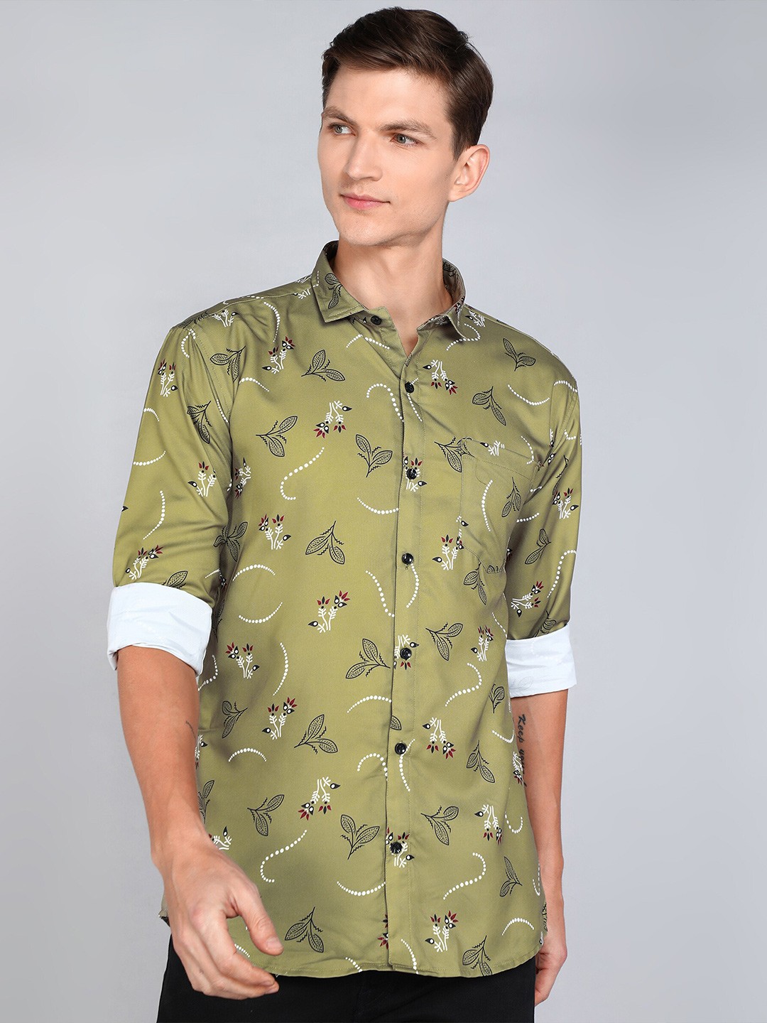 

Indian Fashionista Classic Slim Fit Floral Printed Casual Shirt, Olive