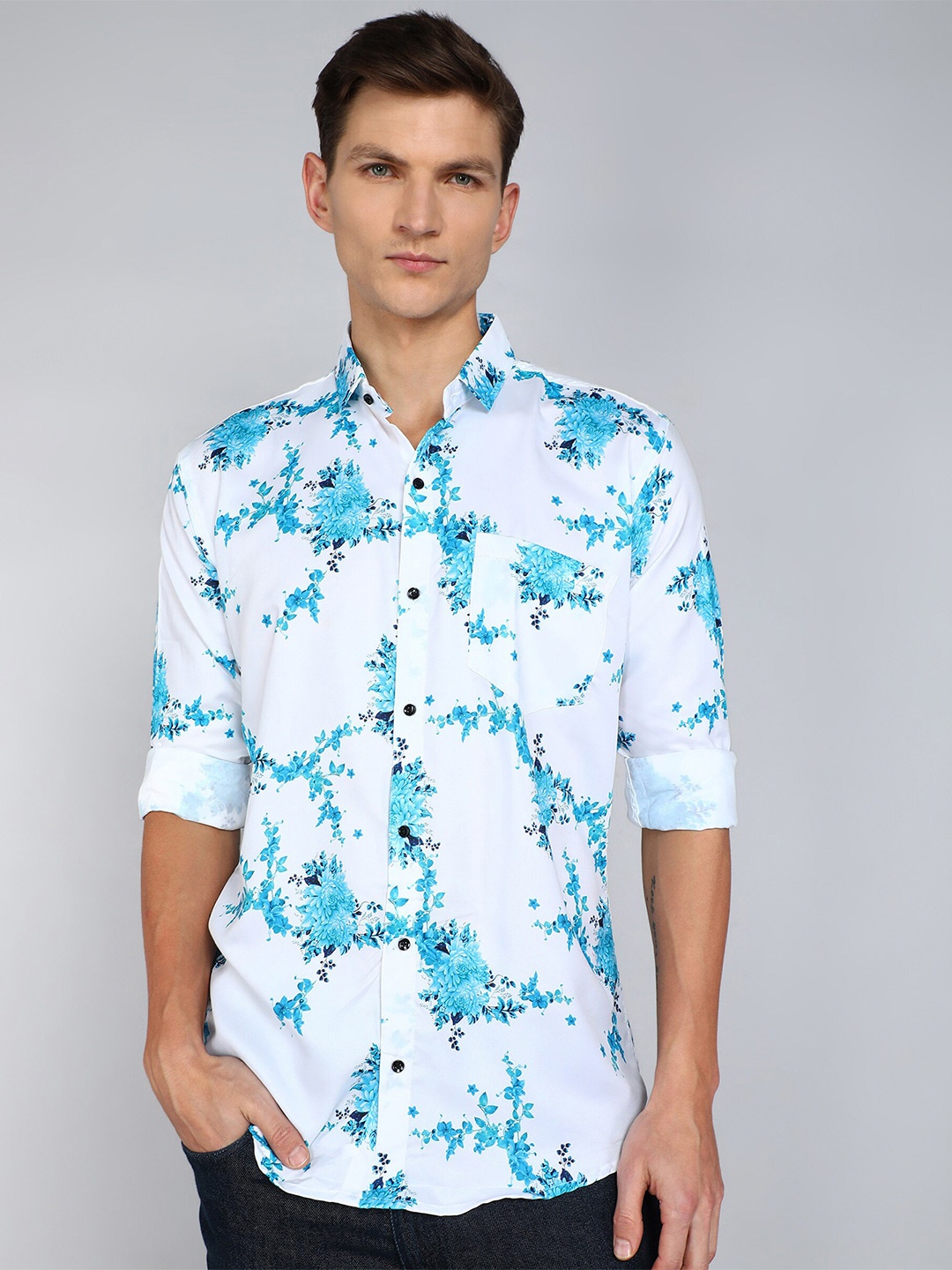 

Indian Fashionista Classic Slim Fit Floral Printed Casual Shirt, White