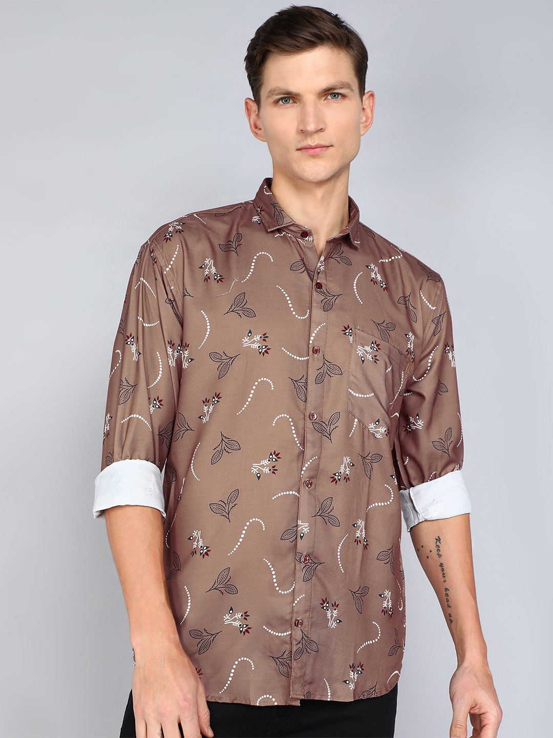 

Indian Fashionista Classic Slim Fit Floral Printed Casual Shirt, Brown