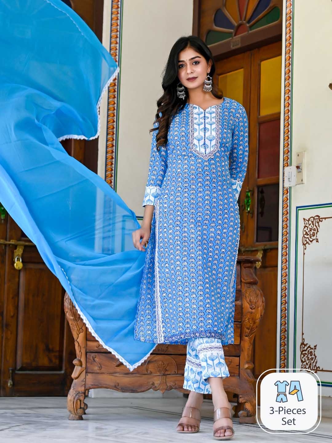 

KALINI Floral Printed Kurta With Trousers & Dupatta, Blue