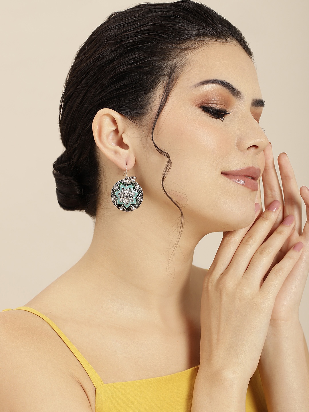

Sangria Silver-Plated Artificial Stones Studded Circular Drop Earrings