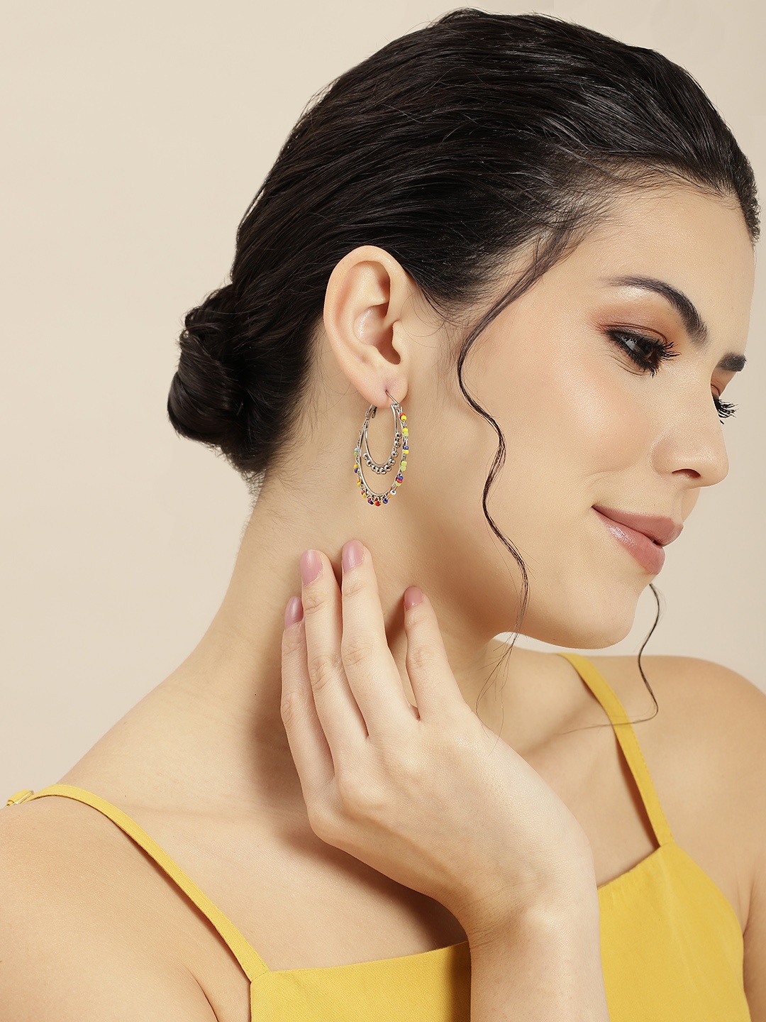 

Sangria Silver-Plated Artificial Beads Studded Circular Hoop Earrings