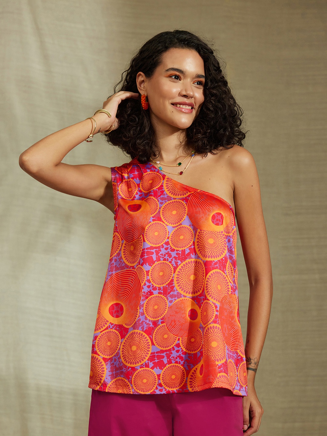 

Pink Fort Abstract Printed One Shoulder Sleeveless Satin Top, Orange