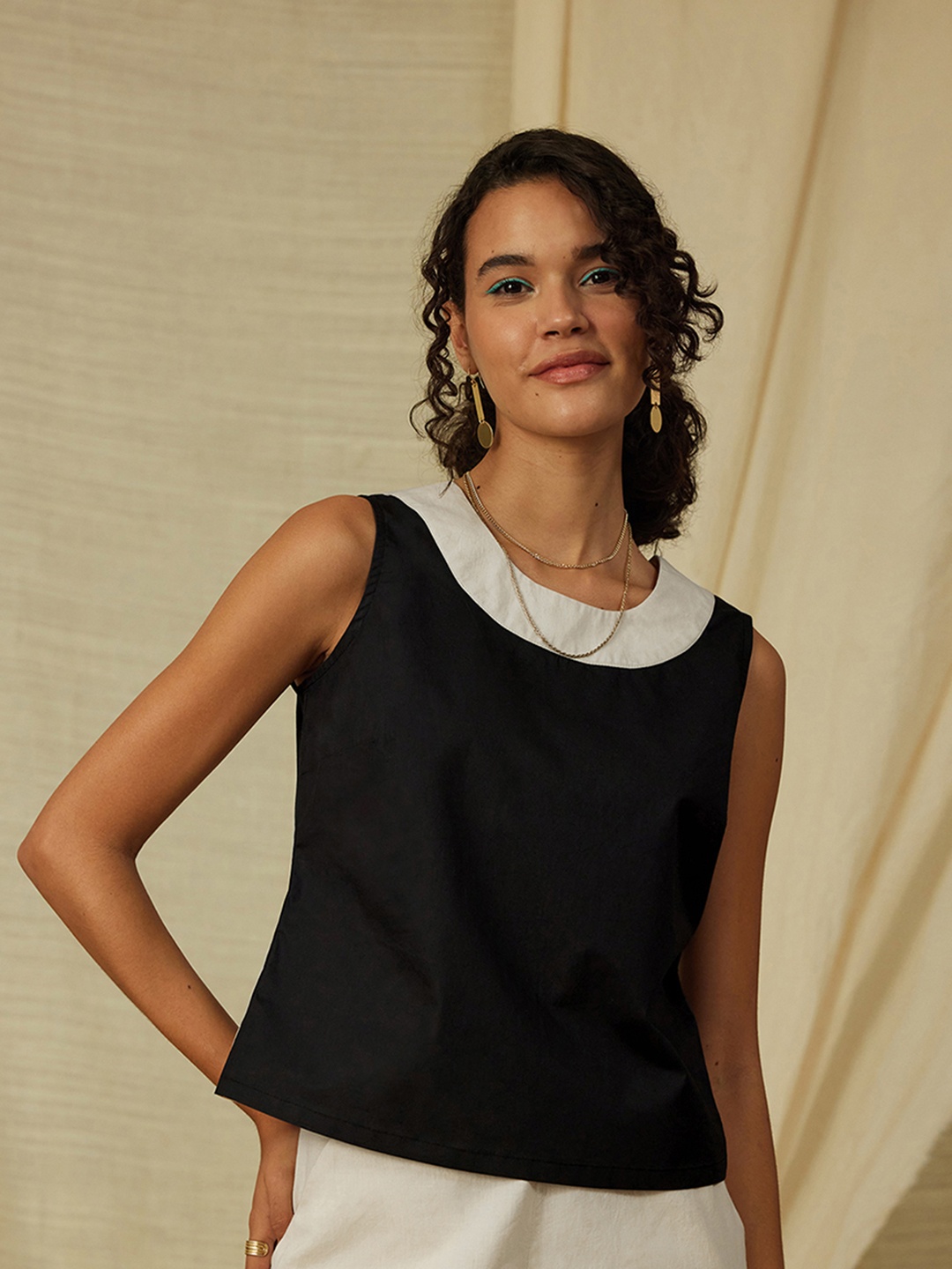 

Pink Fort Round Neck Sleeveless Pure Cotton Casual Top, Black