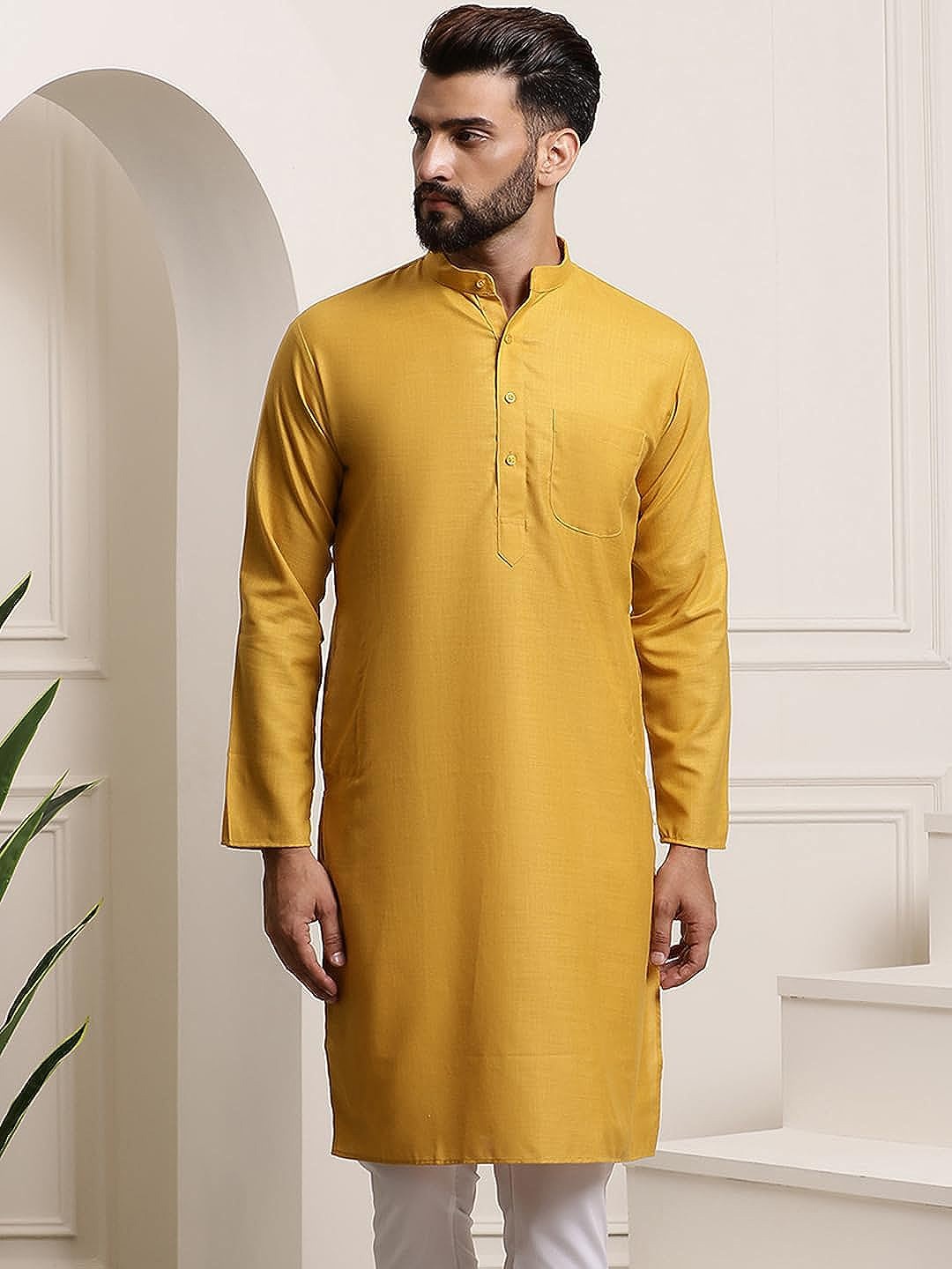 

ROYAL KURTA Band Collar Straight Kurta, Mustard