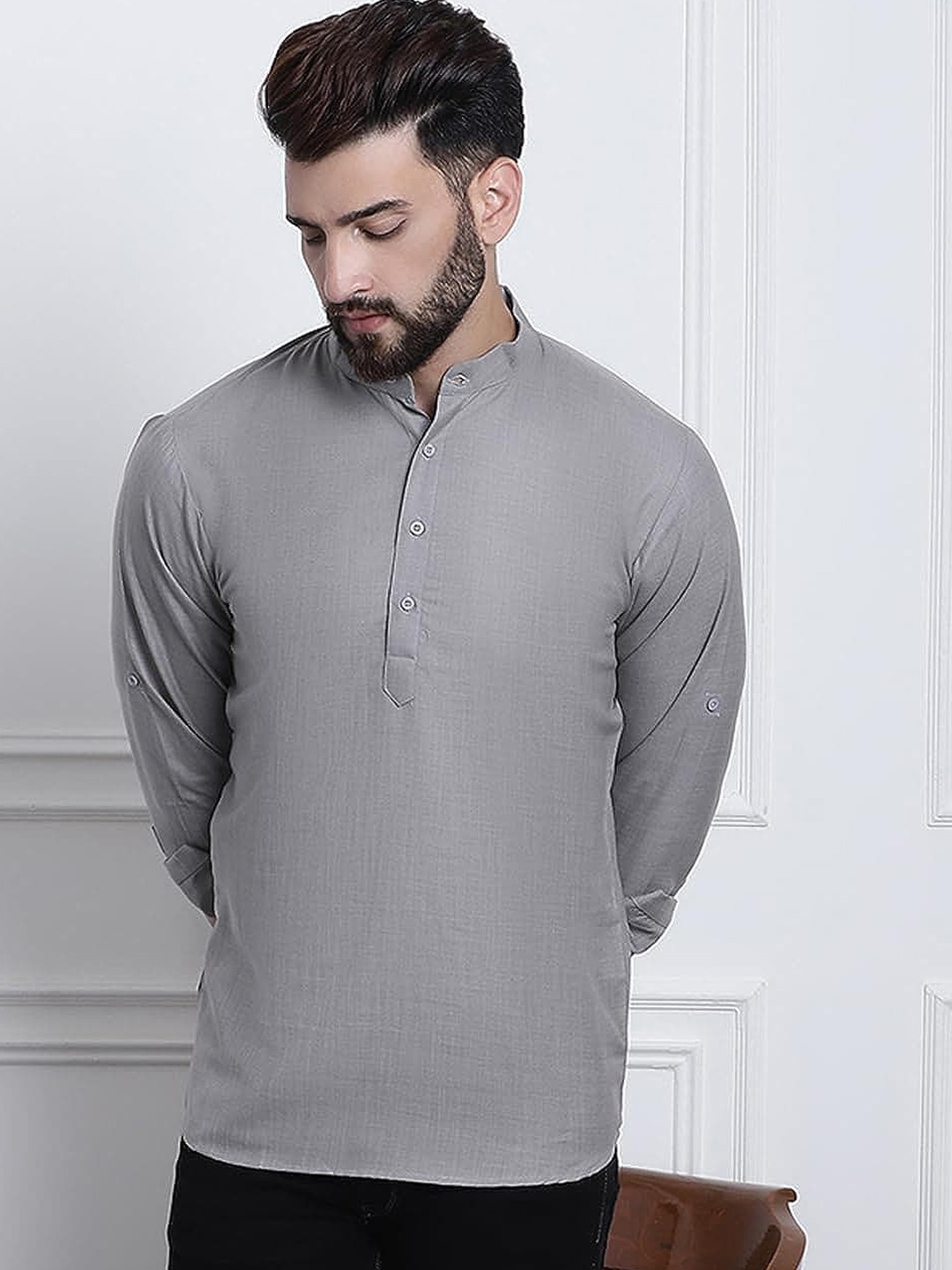 

ROYAL KURTA Band Collar Straight Kurta, Grey