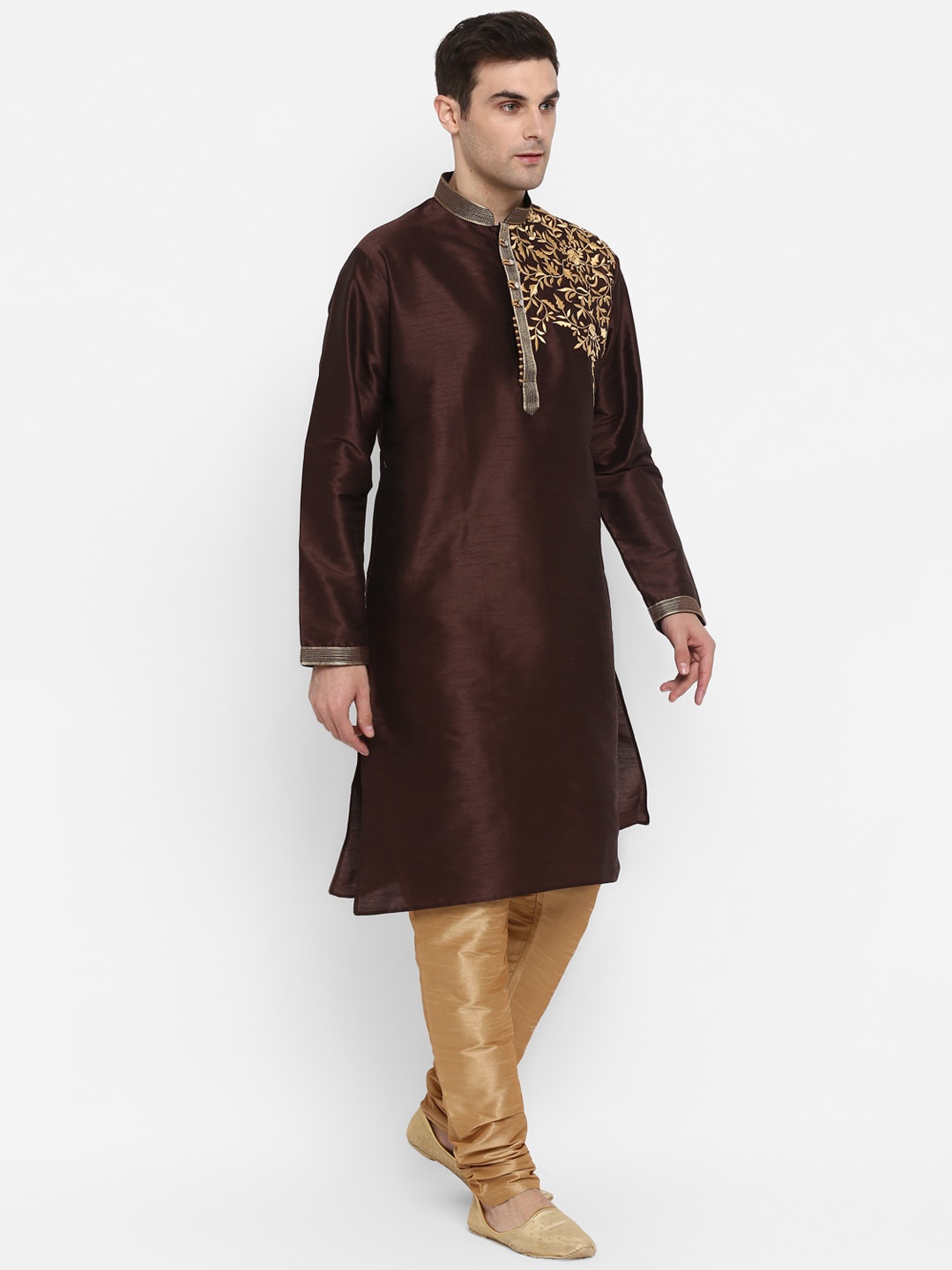 

ROYAL KURTA Floral Embroidered Thread Work Straight Kurta, Brown