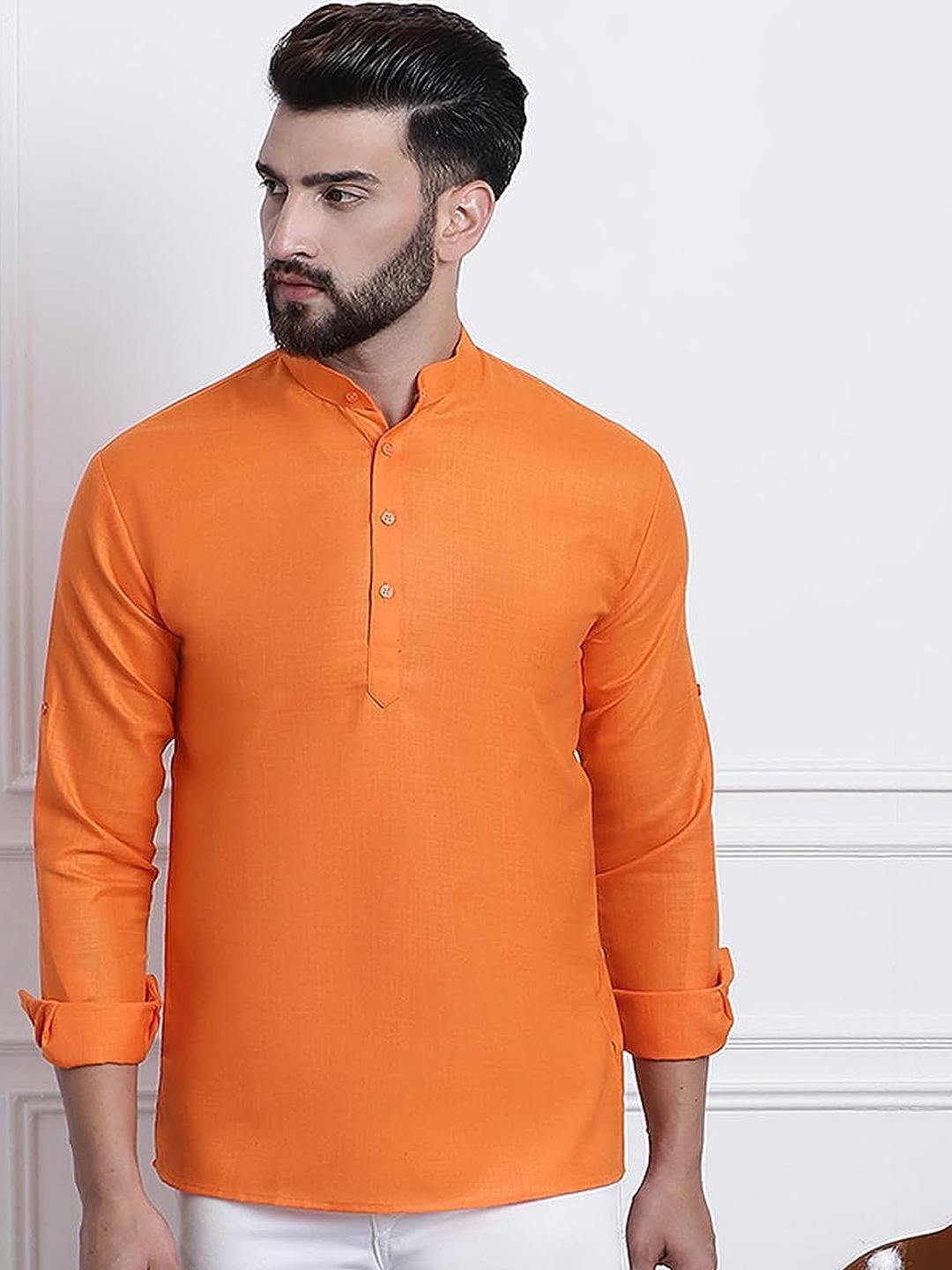 

ROYAL KURTA Band Collar Straight Kurta, Orange