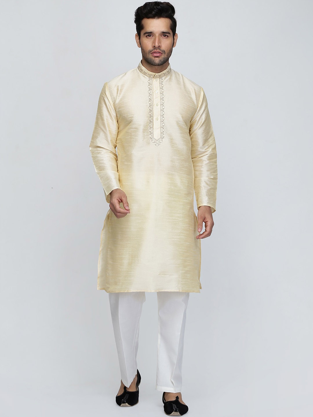 

ROYAL KURTA Mandarin Collar Thread Work Straight Kurta, Gold
