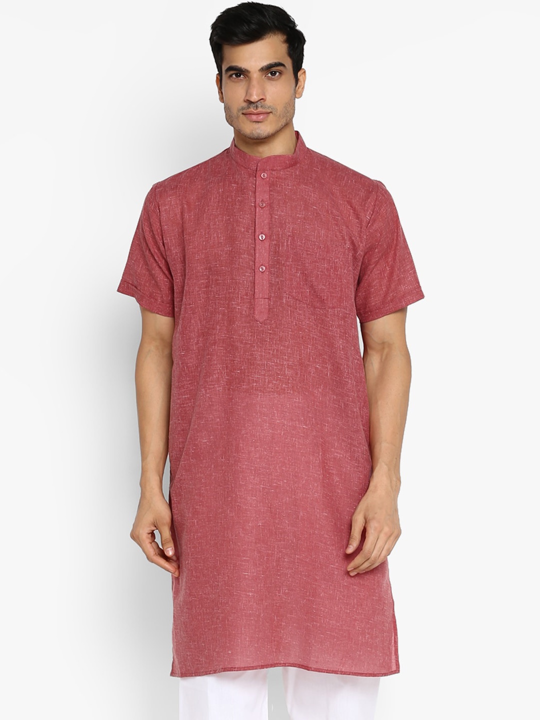

ROYAL KURTA Woven Design Mandarin Collar Straight Kurta, Coral