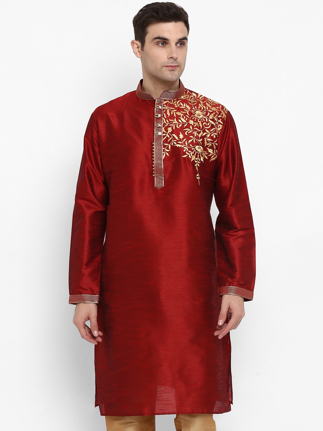 

ROYAL KURTA Floral Embroidered Mandarin Collar Thread Work Cotton Silk Straight Kurta, Maroon