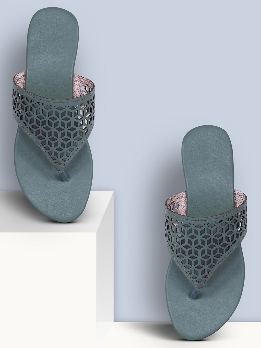 

Ravis Textured Open Toe Flats With Laser Cuts, Sea green