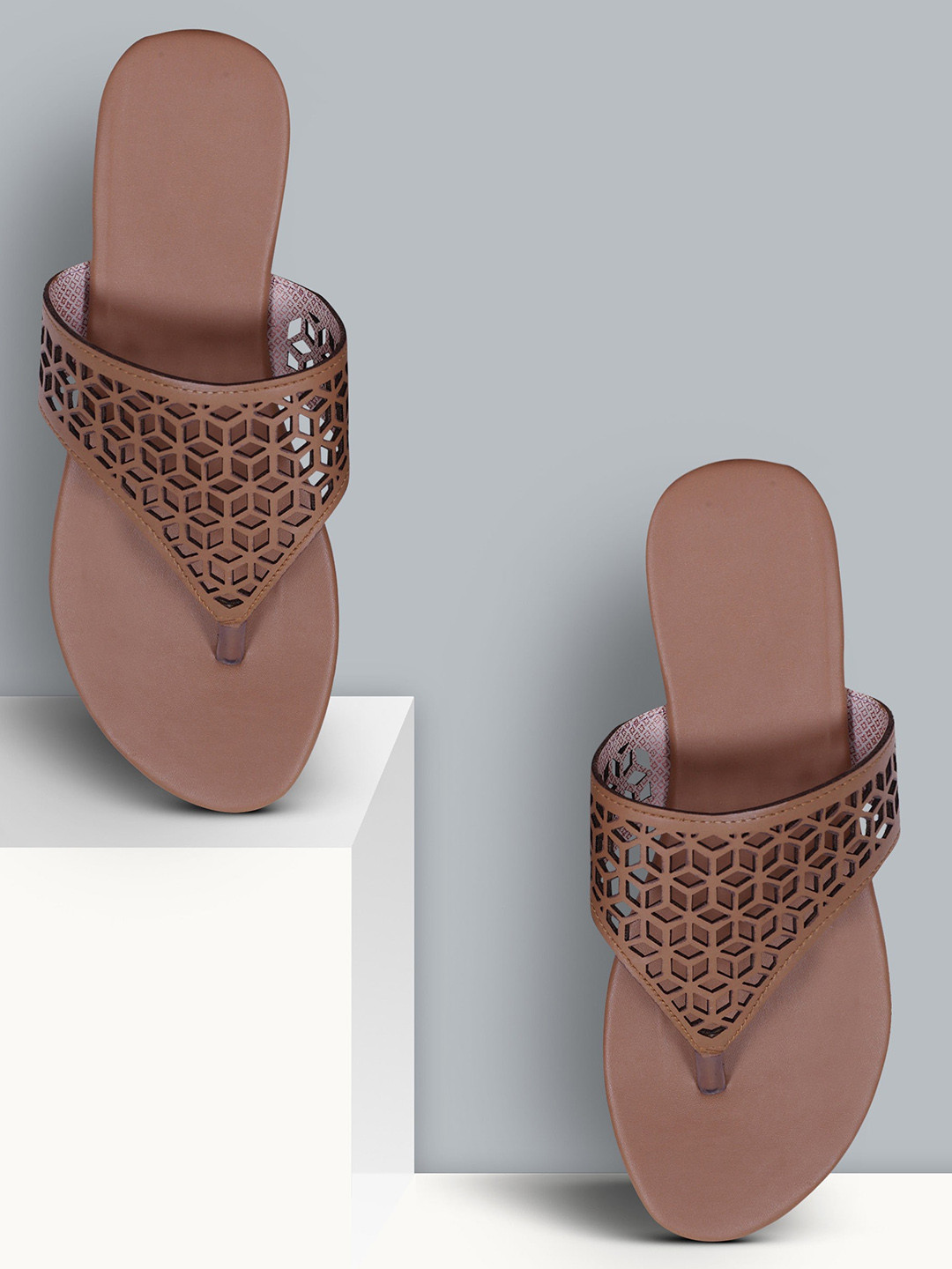 

Ravis Textured Open Toe Flats With Laser Cuts, Beige