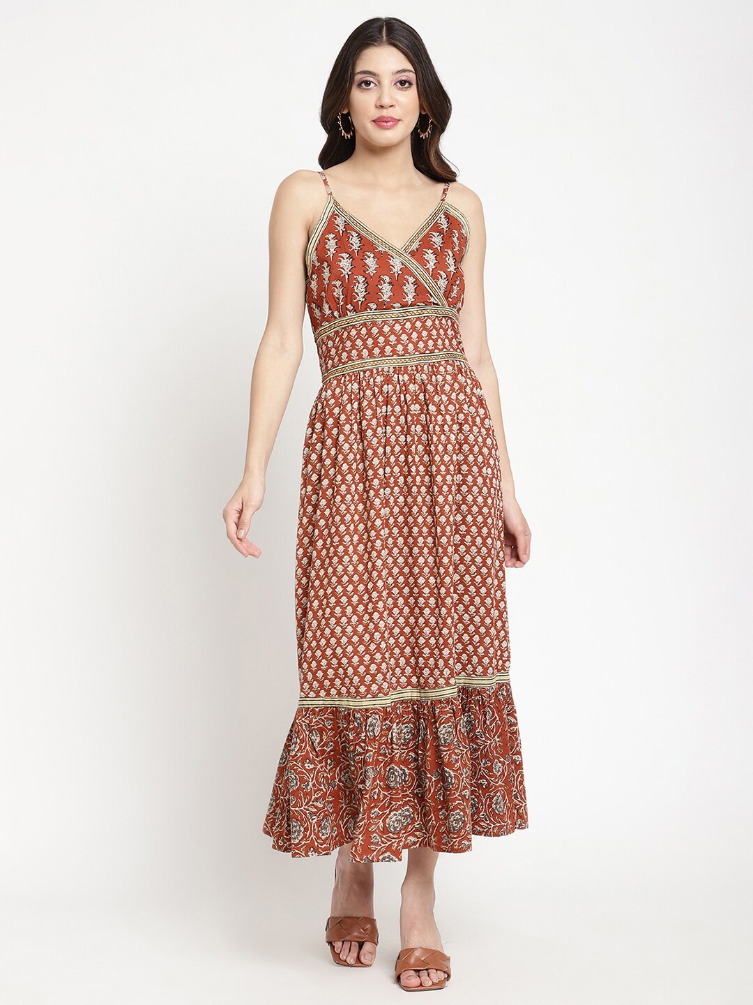 

SAVI Floral Printed Pure Cotton Fit & Flare Midi Ethnic Dress, Rust