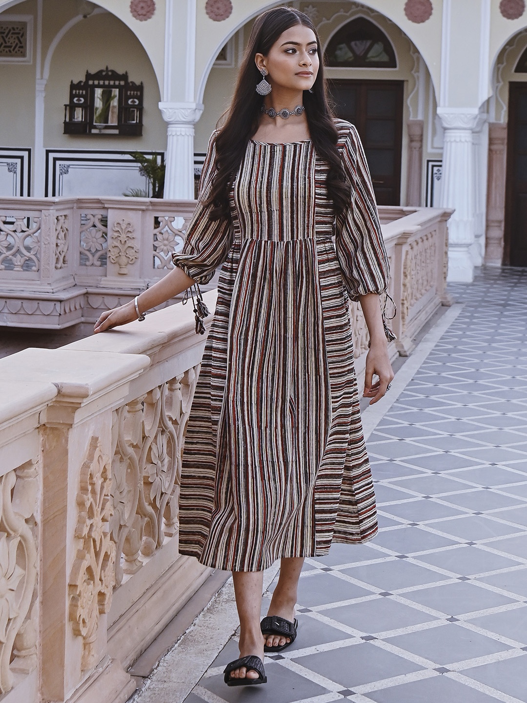 

SAVI Rust Striped Puff Sleeves Pure Cotton A-Line Midi Dress