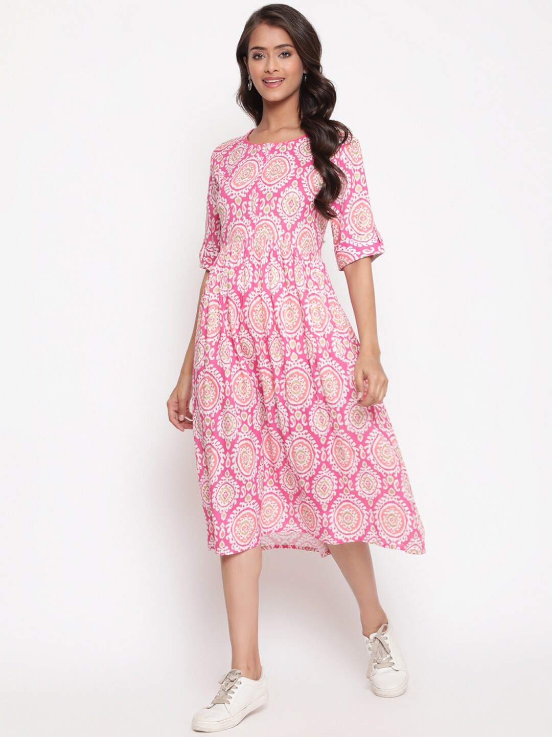 

SAVI Ethnic Motifs Printed Gathered Detail A-Line Midi Dress, Pink