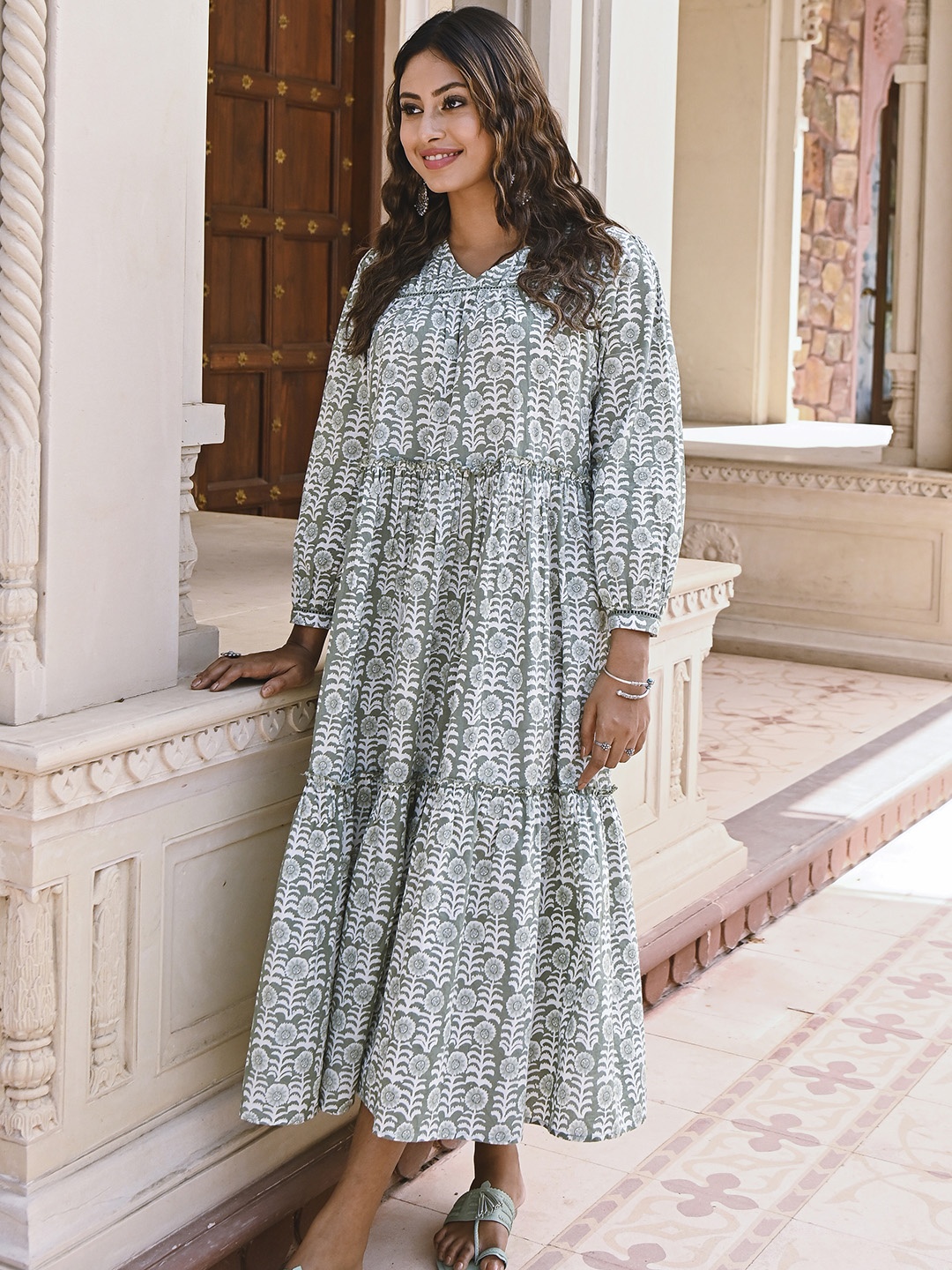 

SAVI Floral Printed Pure Cotton A-Line Midi Ethnic Dress, Green