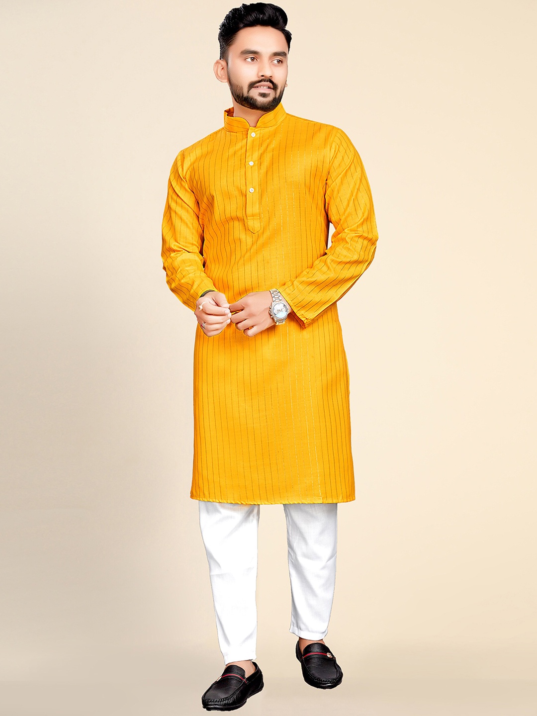 

Ekta Textiles Striped Mandarin Collar Pure Cotton Kurta with Pyjamas, Yellow