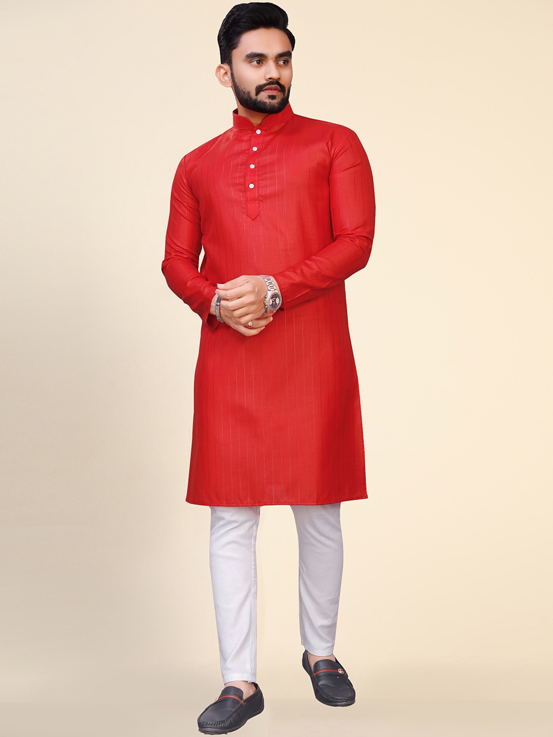 

Ekta Textiles Striped Mandarin Collar Pure Cotton Kurta with Pyjamas, Red