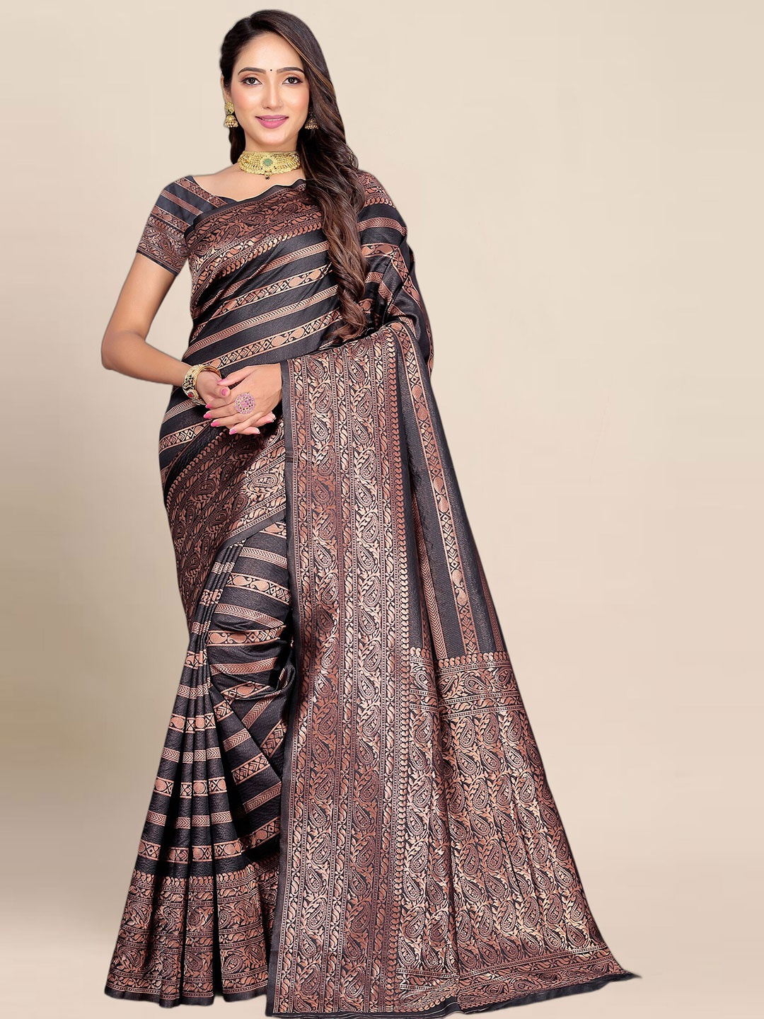 

Anjaneya Sarees Ethnic Motifs Woven Design Zari Banarasi Saree, Black