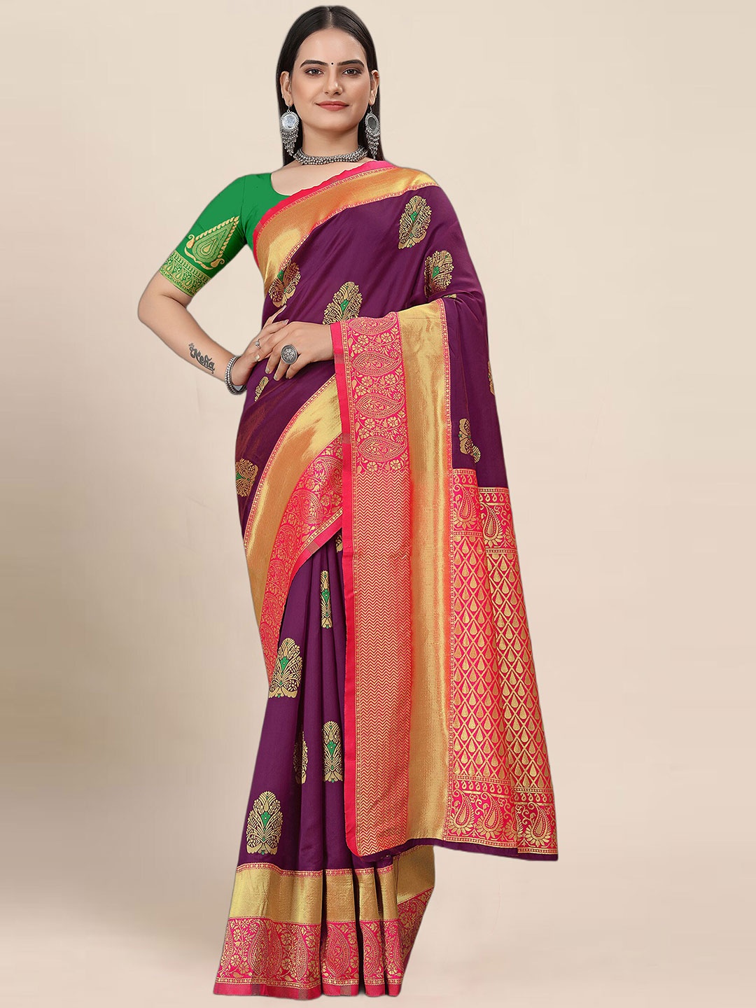 

Anjaneya Sarees Ethnic Motifs Woven Design Zari Banarasi Saree, Purple