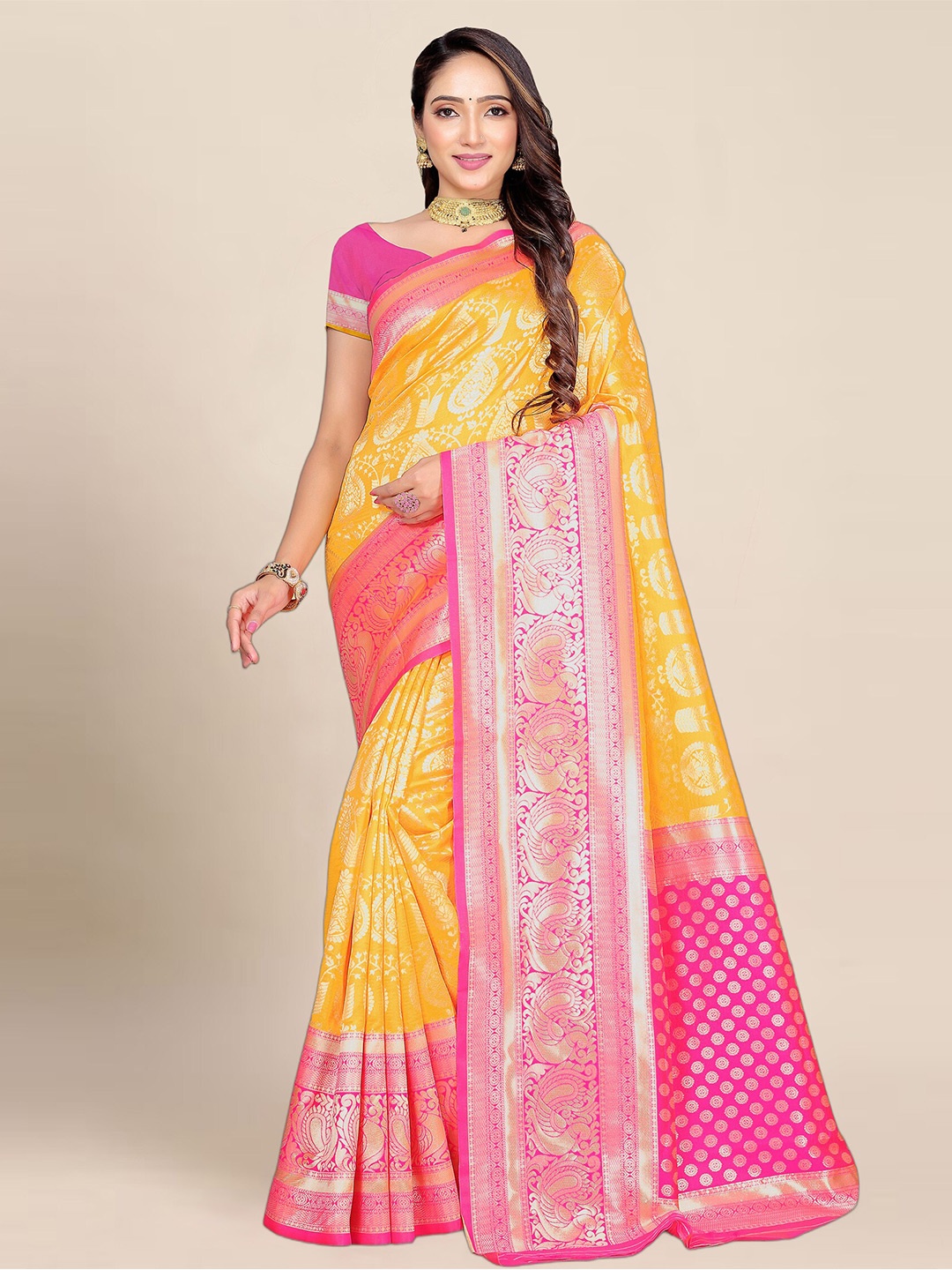 

Anjaneya Sarees Ethnic Motifs Woven Design Zari Banarasi Saree, Yellow