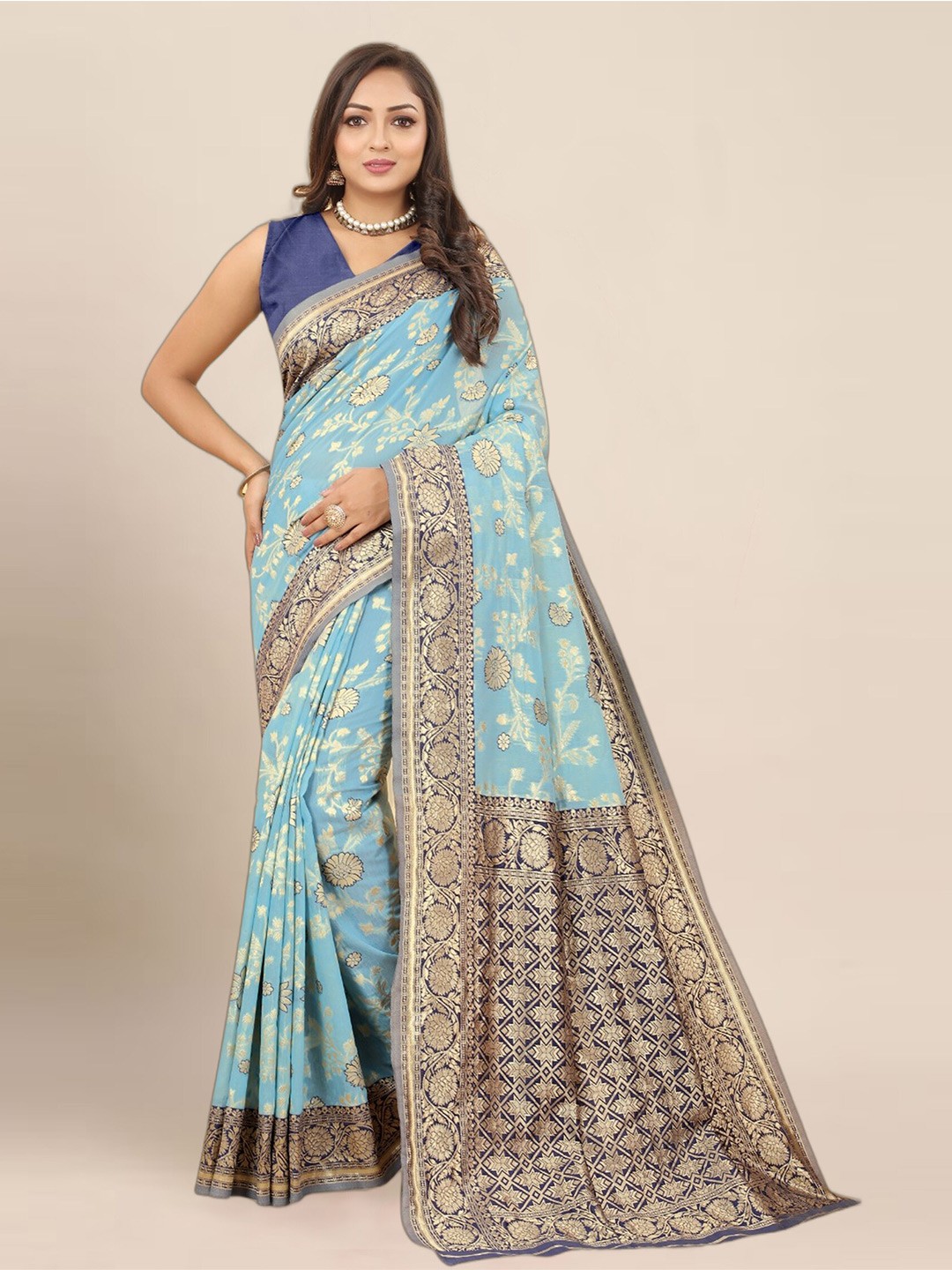 

Anjaneya Sarees Ethnic Motifs Woven Design Zari Banarasi Saree, Blue